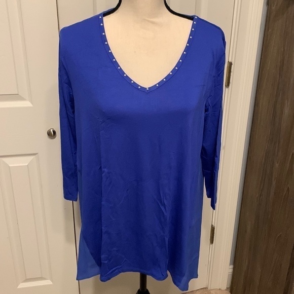 JM Collection Mixed Media Studded Top - Picture 1 of 9